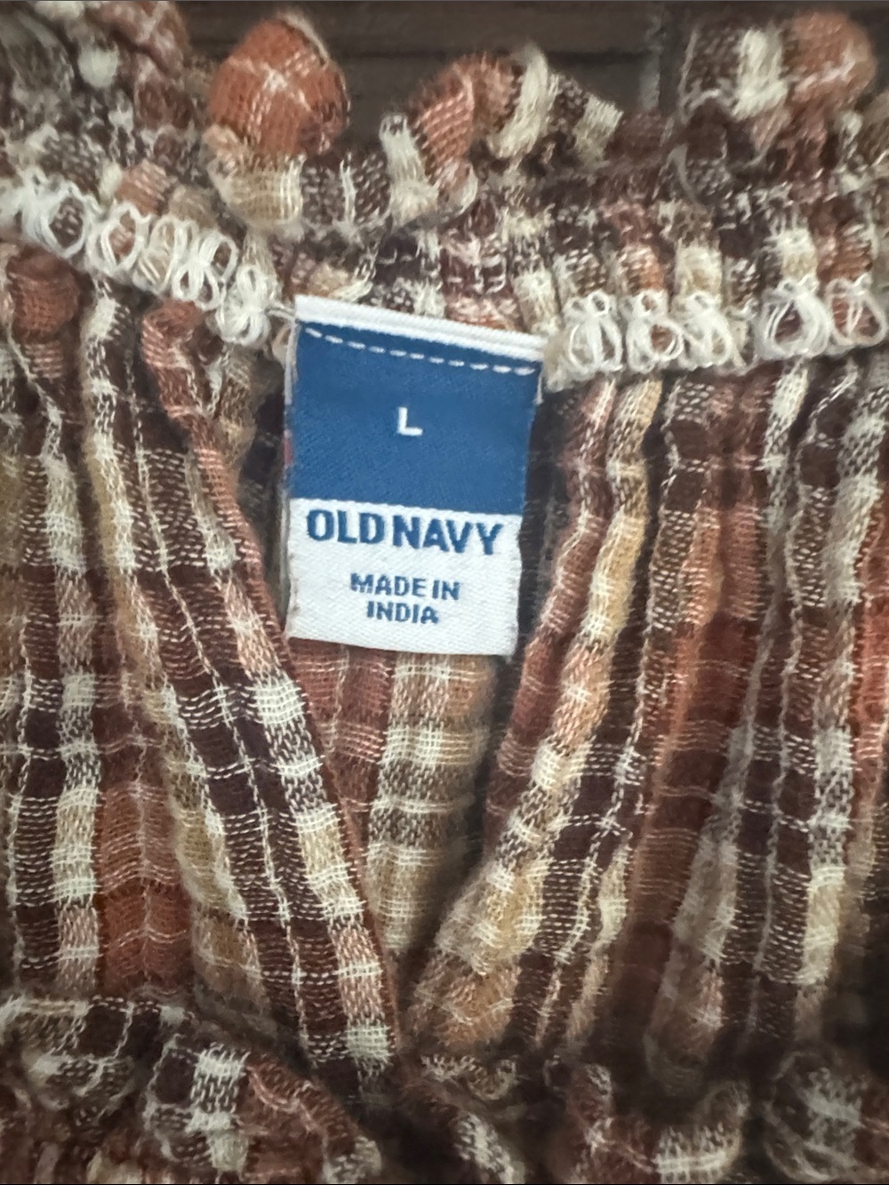 Old Navy Top Women's Large Rust, Cream and Brown Plaid Peasant Style - Picture 2 of 5